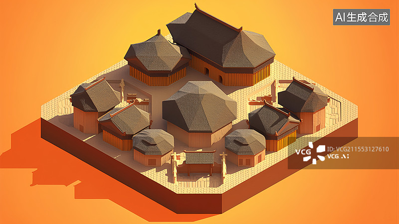 【AI数字艺术】数字土楼APP开屏视觉 - 夯土质感低多边形晒秋场景设计图片素材