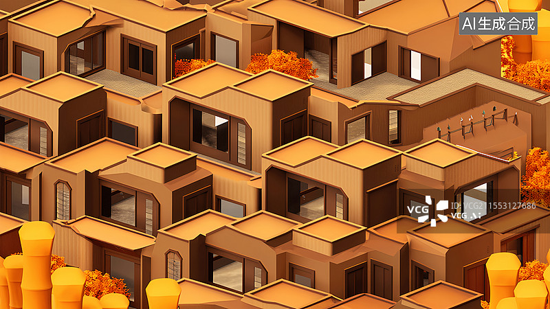 【AI数字艺术】数字土楼APP开屏视觉 - 夯土质感低多边形晒秋场景设计图片素材