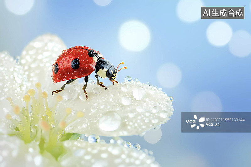 【AI数字艺术】清新七星瓢虫花朵露珠特写图片素材