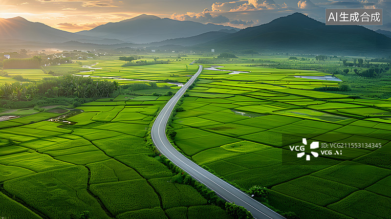 【AI数字艺术】乡村振兴壮丽的水稻田航拍图片素材