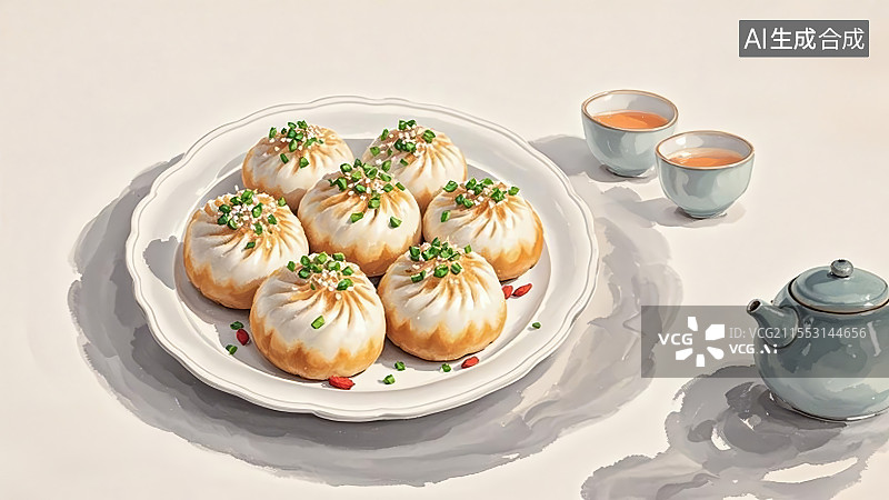 【AI数字艺术】传统美食-上海生煎包写意插画图片素材