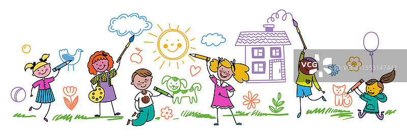 孩子们在墙上画画的卡通人物图片素材