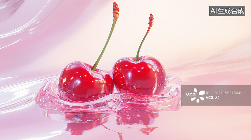 【AI数字艺术】红色樱桃溅到晶莹剔透水中插图图片素材