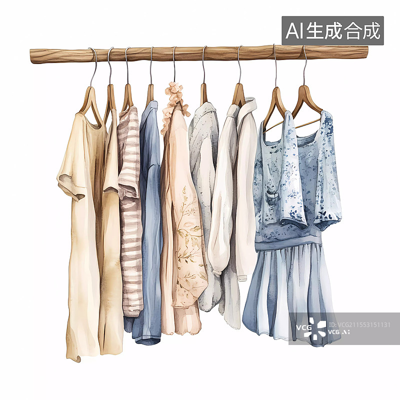 【AI数字艺术】手绘衣架晾衣服插画图片素材