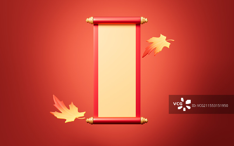 中国风空白卷轴和枫叶背景 3D渲染图片素材