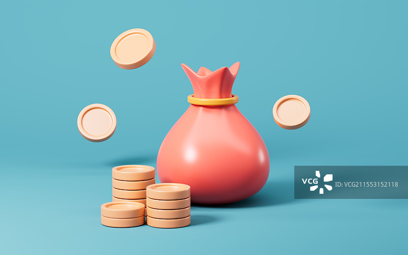 卡通钱袋子和现金3D渲染图片素材