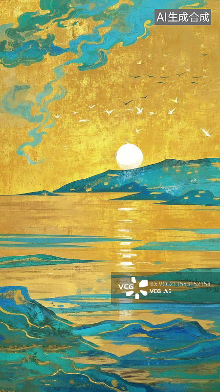 【AI数字艺术】金辉碧海间飞鸟伴日共悠然图片素材