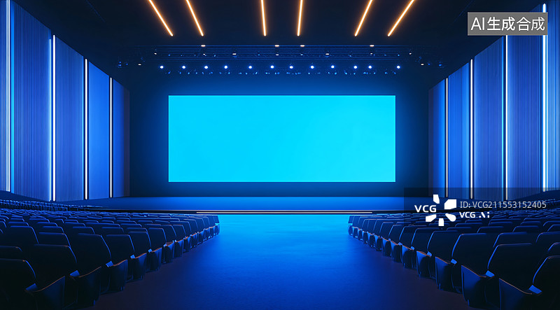 【AI数字艺术】空旷的发布会舞台，巨大的蓝紫色屏幕营造出未来感和专业氛围，适用于产品发布、企业演示和商业活动。简约的图片素材