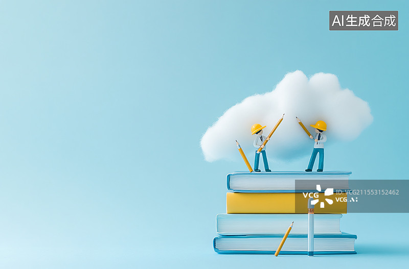 【AI数字艺术】微缩景观工人站在书本上，象征着知识、教育和辛勤工作在取得成功过程中的重要性。这个创意概念突显了学习和图片素材