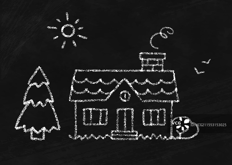 孩子们用粉笔画的房子、太阳和树木艺术作品图片素材