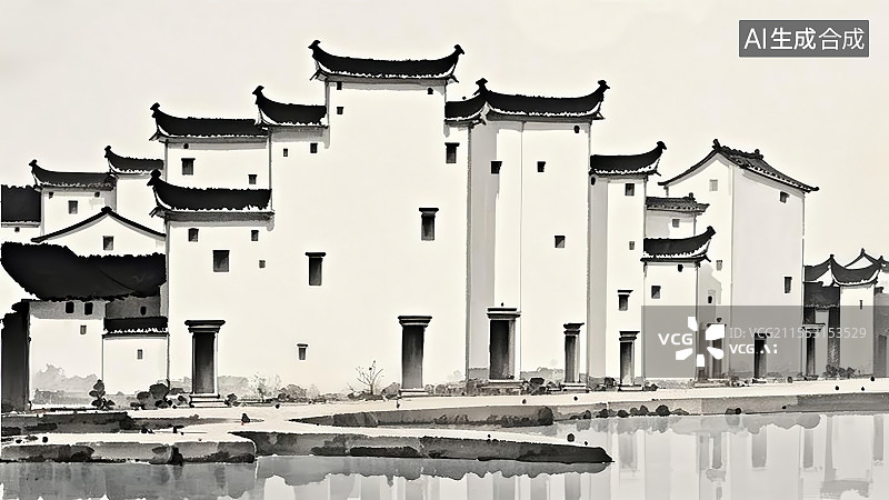 【AI数字艺术】江南古建筑-徽派建筑写意插画图片素材