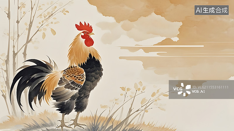 【AI数字艺术】中式水墨画背景雄鸡公鸡金鸡报晓居左图片素材