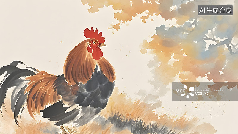 【AI数字艺术】中式水墨画背景雄鸡公鸡金鸡报晓居左图片素材