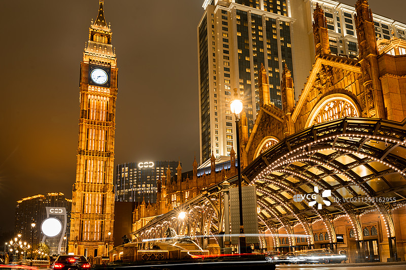 澳门威尼斯人、巴黎人、伦敦人建筑夜景风光图片素材