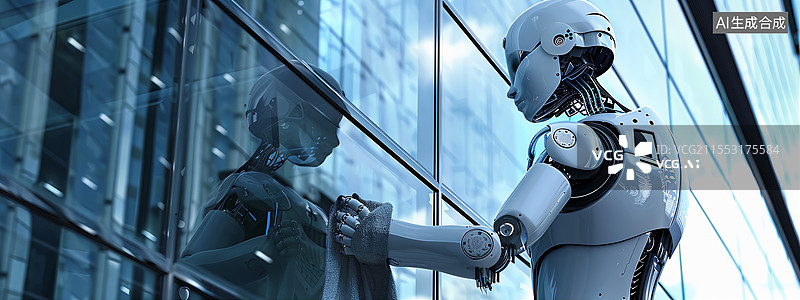 【AI数字艺术】机器人自动化高空幕墙擦玻璃背景图片素材
