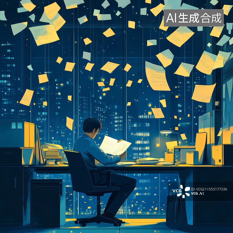 【AI数字艺术】深夜在办公室工作到很晚的人图片素材