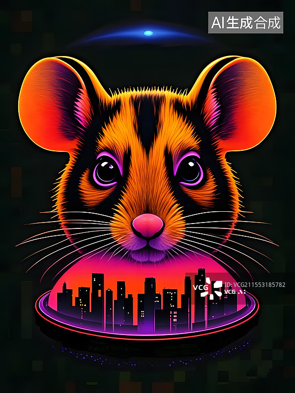 【AI数字艺术】赛博朋克城市全息投影十二生肖老鼠图片素材