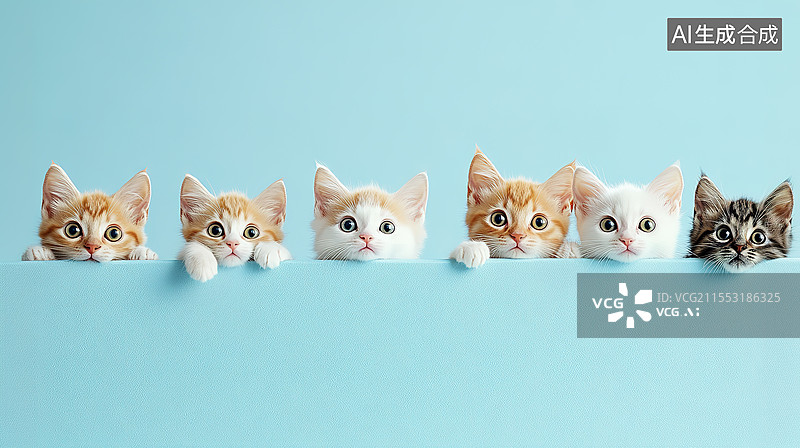 【AI数字艺术】蓝色背景下抬头张望充满好奇的可爱小猫图片素材
