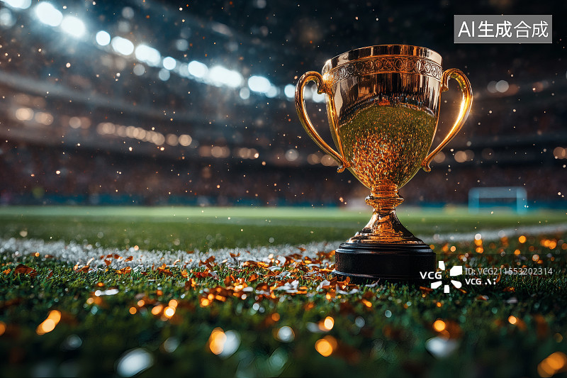 【AI数字艺术】足球场上摆放的一座奖杯图片素材