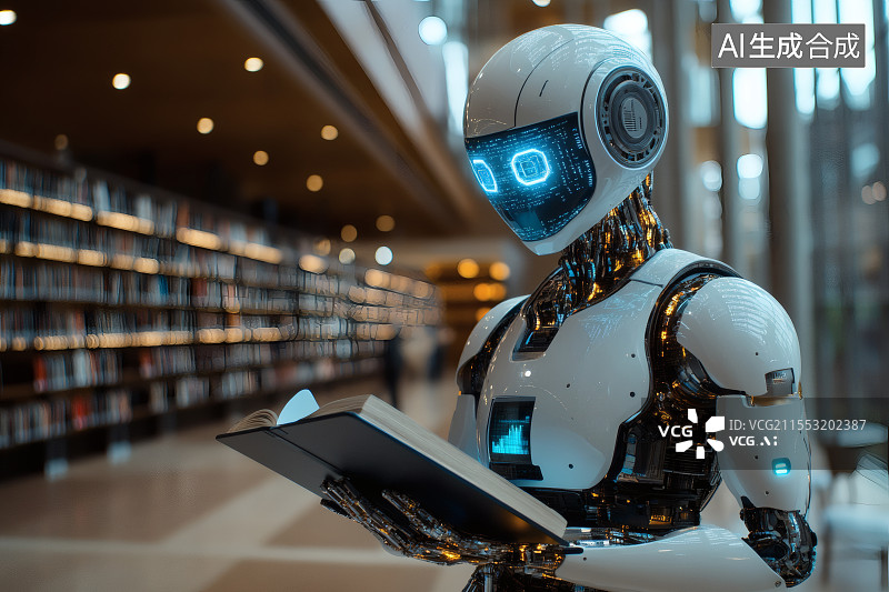 【AI数字艺术】一名机器人手拿书本在图书馆中阅读图片素材