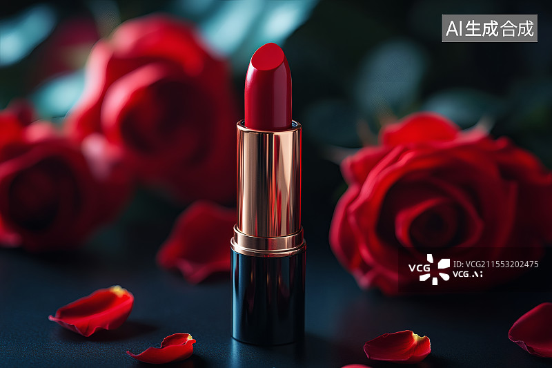 【AI数字艺术】玫瑰花前的一支红色的口红图片素材