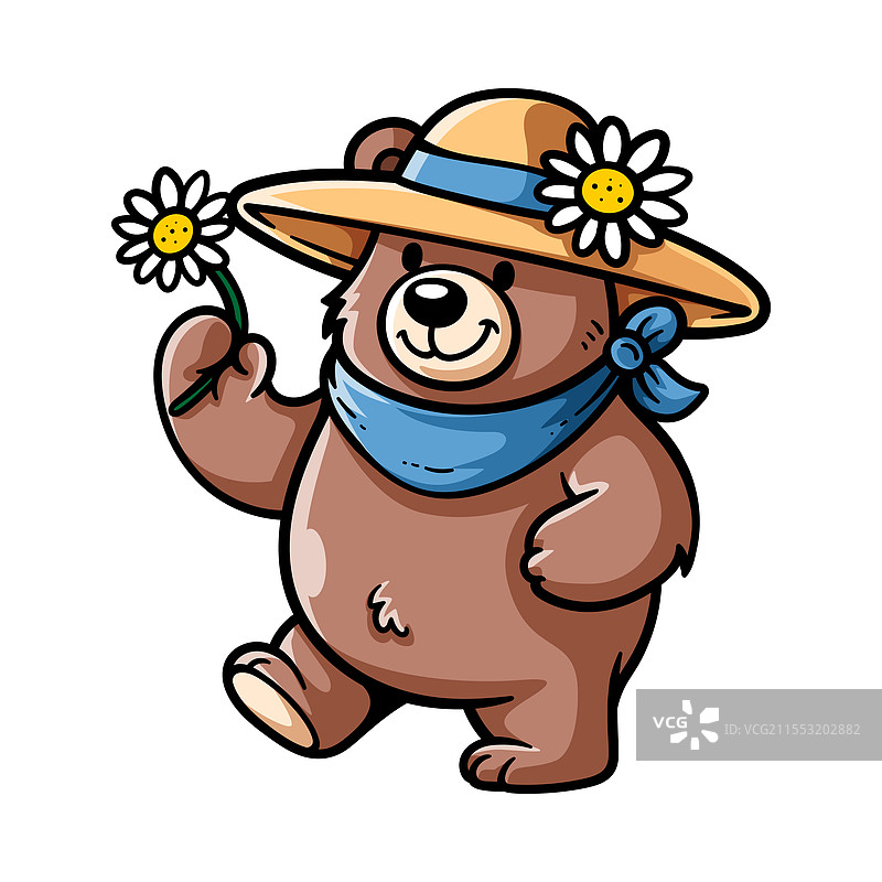 有趣的母熊卡通形象，手持花朵，背景为单色。图片素材