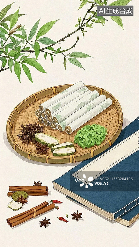【AI数字艺术】中医养生艾灸原料草药科普插画图片素材
