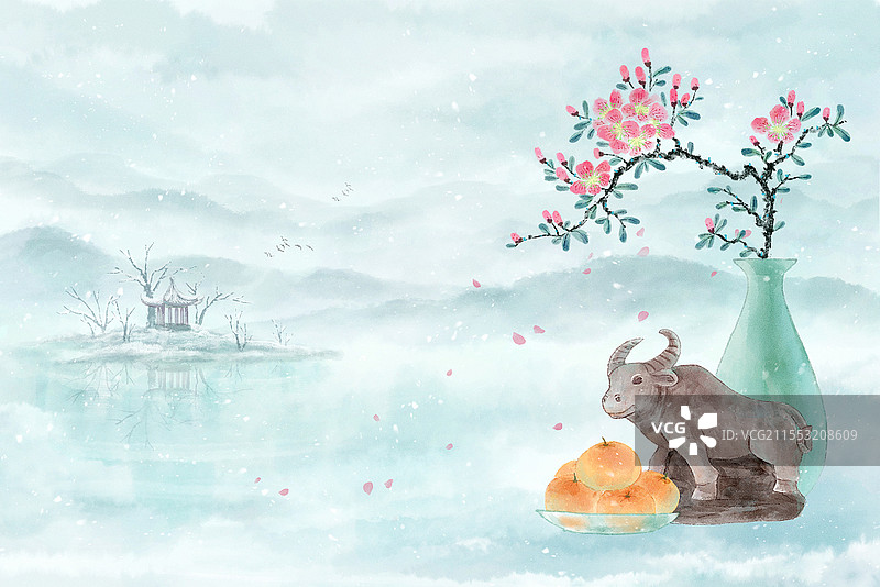 春天春分春暖花开中国风水墨唯美雪景新春牛年橘子杜鹃冬天山水风景插画海报背景图片素材