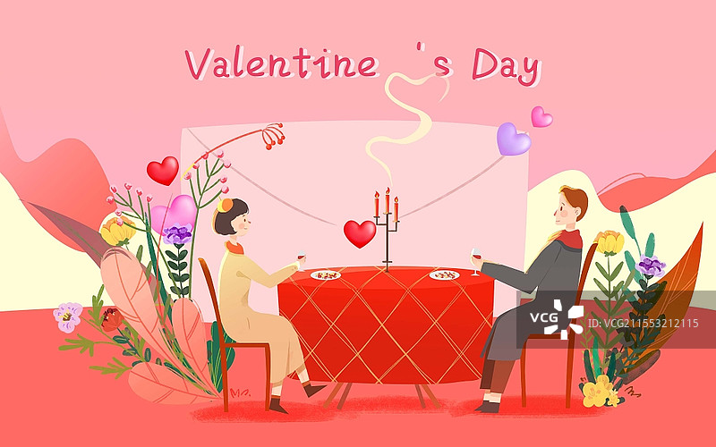 卡通情人节情侣吃饭原创插画情人节情人浪漫图片素材