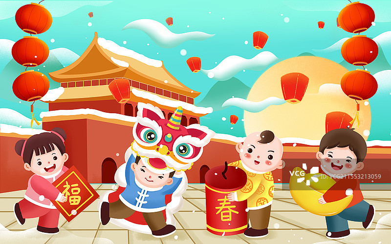 彩色卡通手绘2021春节新年中国风建筑福娃拜年原创插画海报春节新年2021福娃图片素材