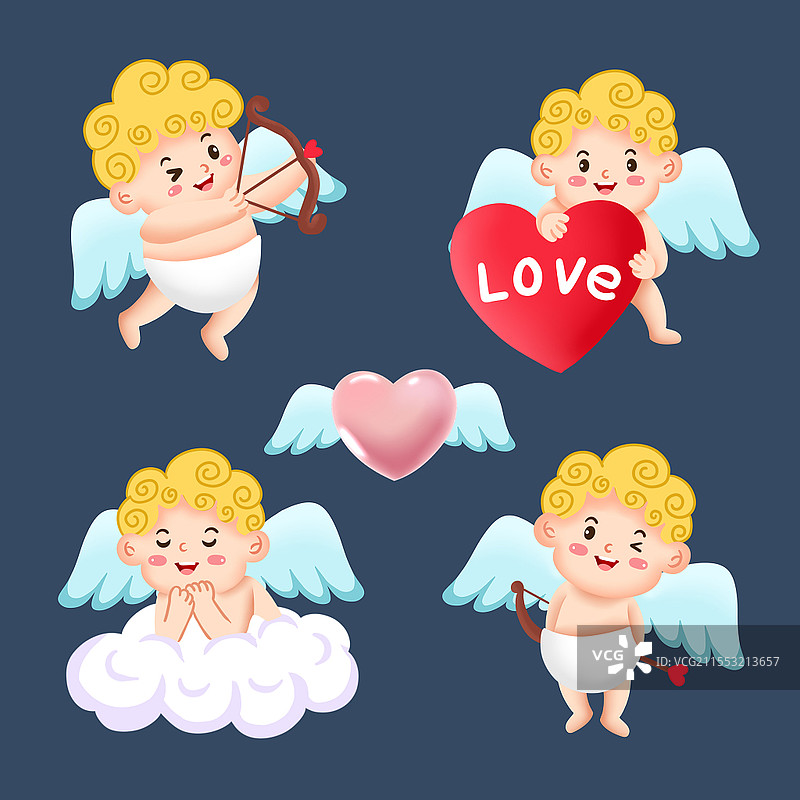彩色卡通手绘可爱Q版爱神丘比特情人节素材原创插画海报情人节情人浪漫气球图片素材
