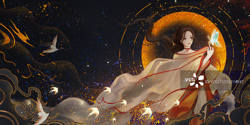 渐变唯美国潮仙女古代女子手绘插画海报汉服古风中国风唯美女人图片素材