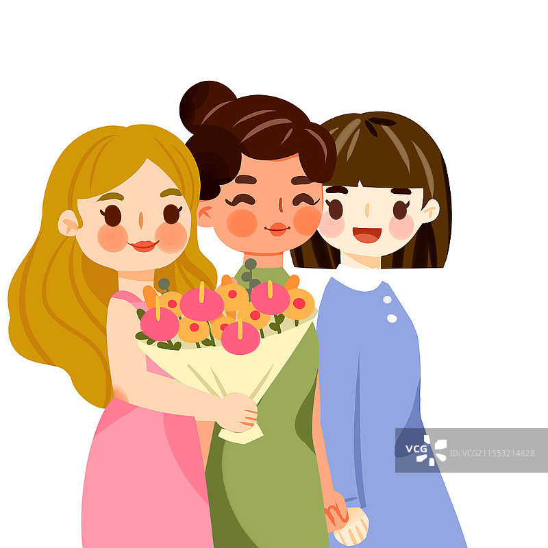 三八妇女节女神卡通人物女孩们国际妇女节捧花png素材妇女节妇女女神节图片素材