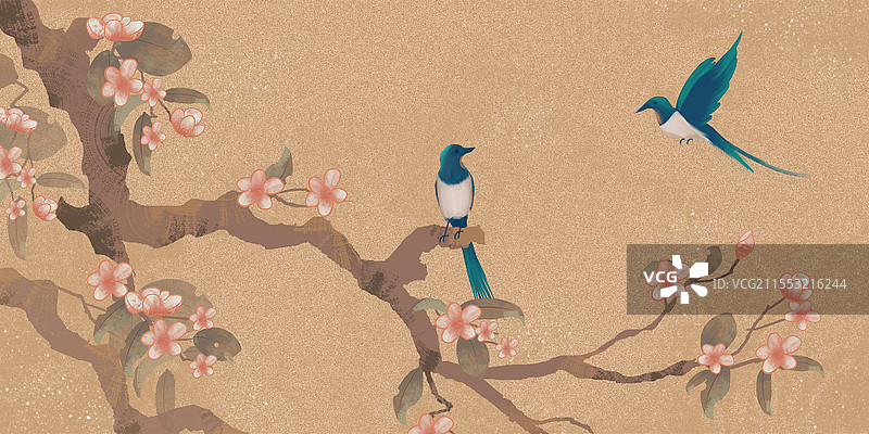 春分古风桃花喜鹊中国风花鸟画手绘插画海报背景古风中国风唯美植物图片素材