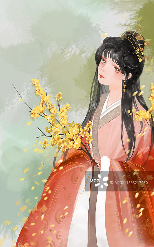 手绘古风水彩少女插图背景素材妇女节妇女女神节图片素材