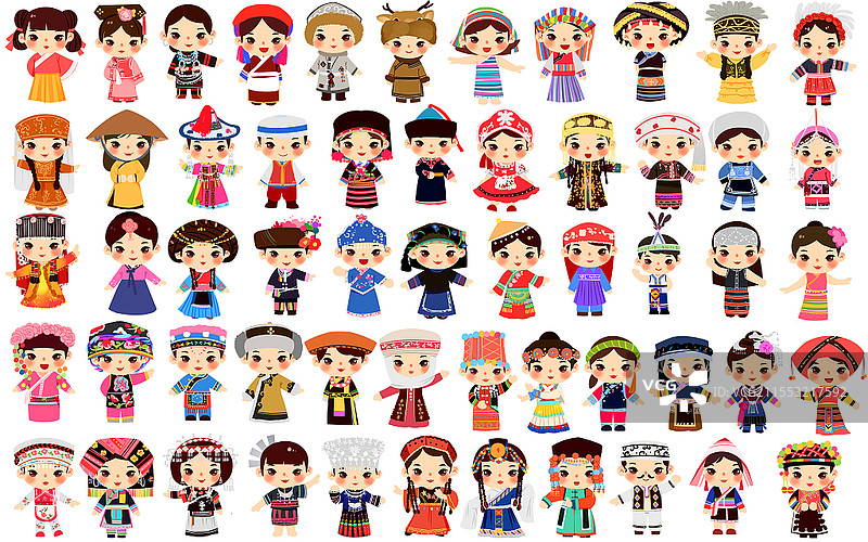 56个民族卡通人物少数民族民族特色服装png素材Q版少数民族人数图片素材