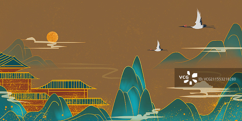 国潮风景中国风山水建筑手绘插画海报背景国潮山水图片素材