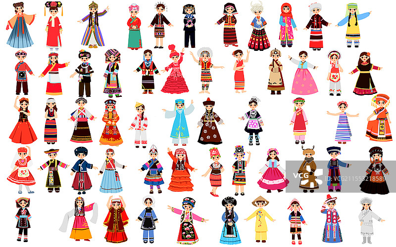 56个民族卡通人物少数民族民族特色服装png素材卡通少数民族人数图片素材