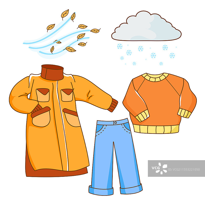 刮风下雪乌云棉服牛仔裤毛服落装天气和衣服组合套装卡通元素服装服装配饰图片素材