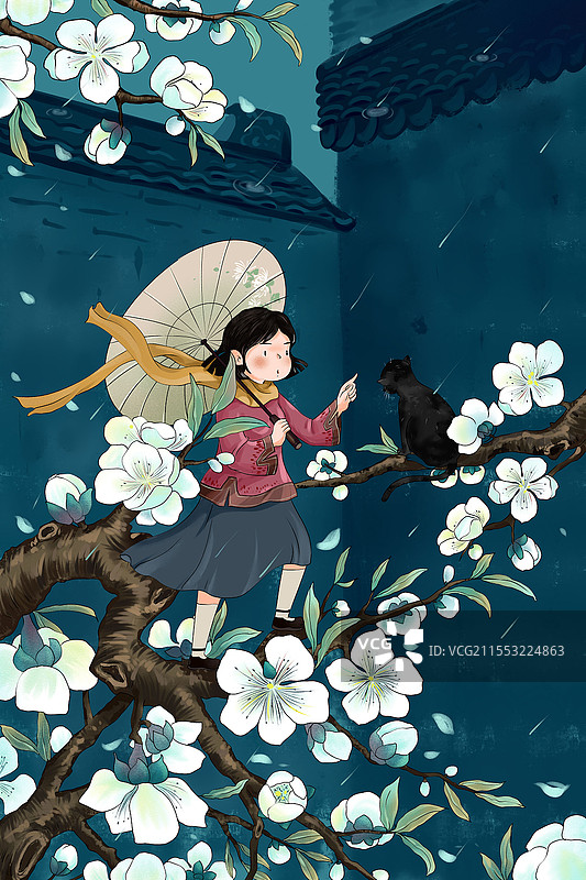 清明清明节春游清明节桃花树上女生黑猫插画素材图片素材