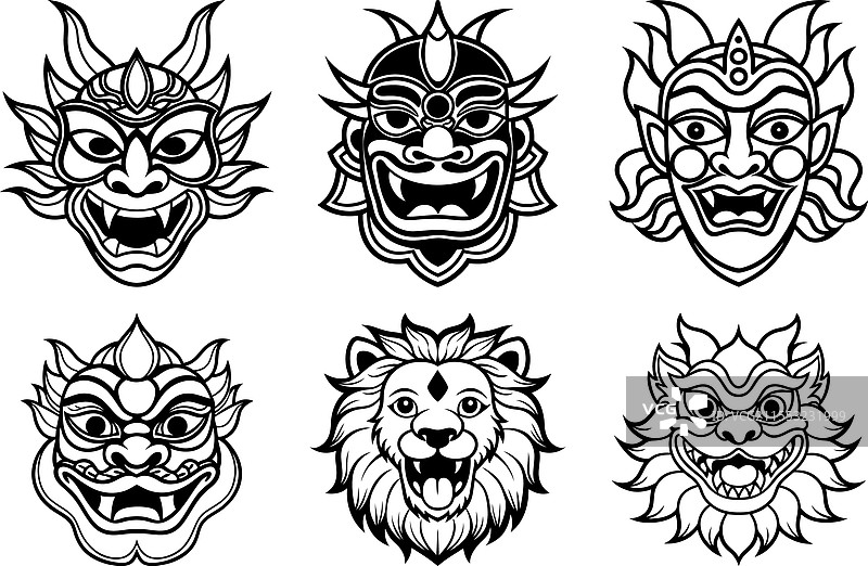 中国面具套装剪影图片素材