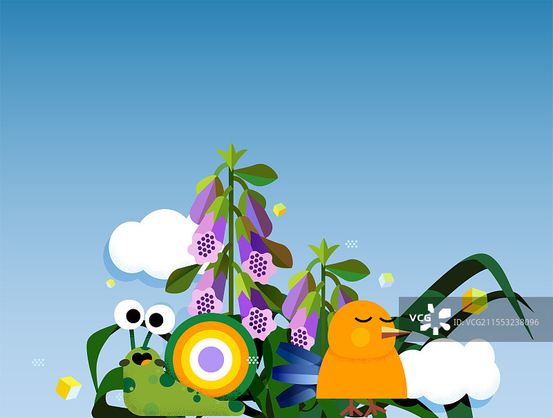 大自然花丛中的小动物矢量插画图片素材