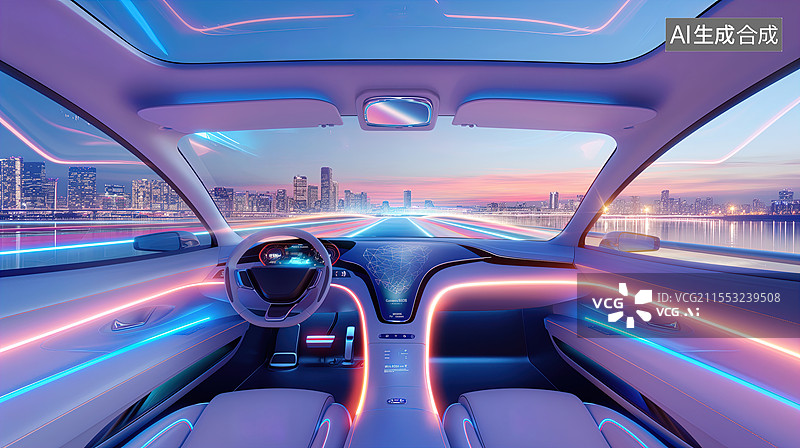 【AI数字艺术】未来城市夜景中的自动驾驶汽车内饰图片素材