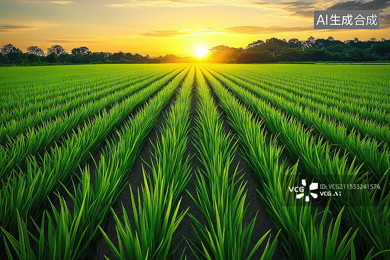 【AI数字艺术】稻田秧苗和天空图片素材