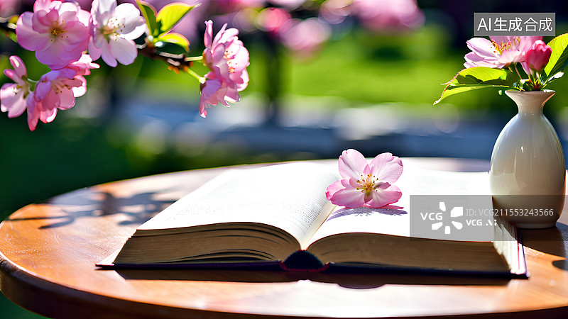 【AI数字艺术】海棠花下，摊开的书本上落了几朵海棠花，旁边一个白瓷花瓶图片素材