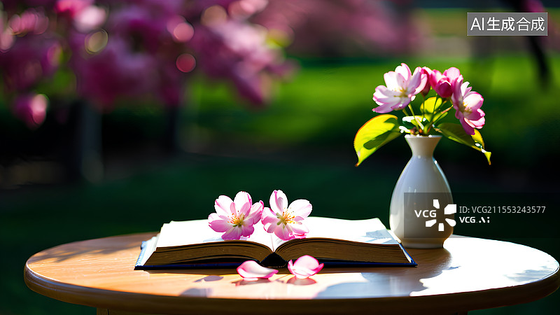 【AI数字艺术】海棠花下，摊开的书本上落了几朵海棠花，旁边一个白瓷花瓶图片素材