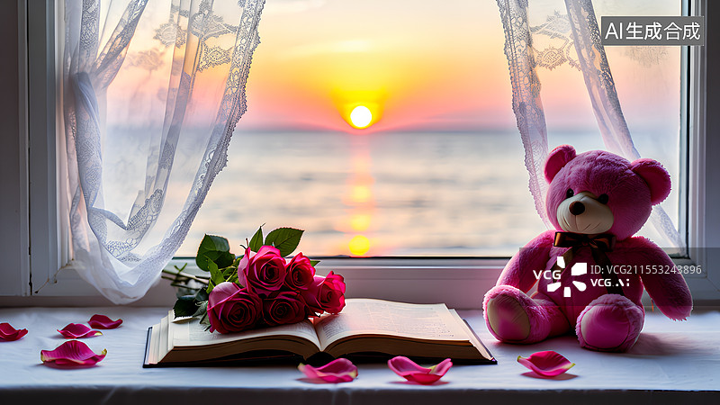 【AI数字艺术】窗外海边淡淡的晚霞，书桌上一束玫瑰花和一个玩具小熊。图片素材
