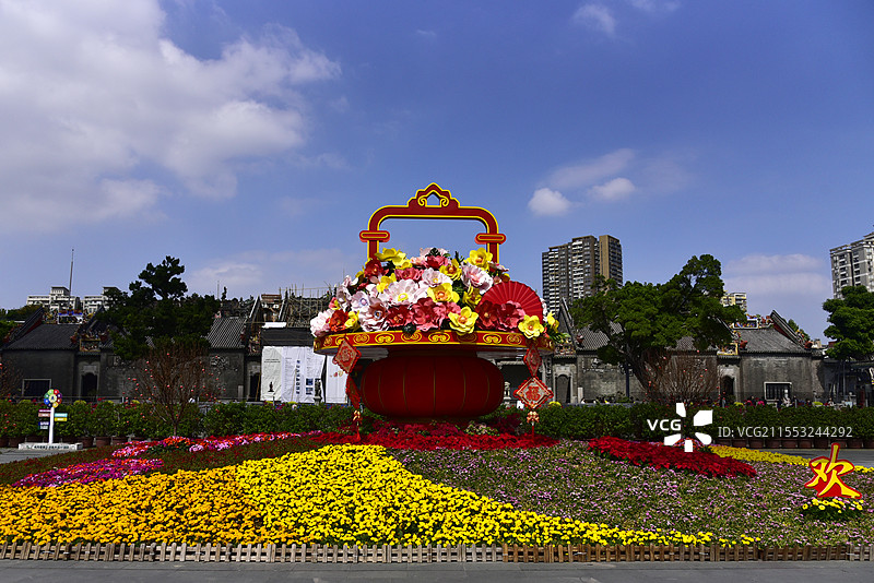 广州陈家祠广场节日春节花坛花蓝迎春花卉图片素材