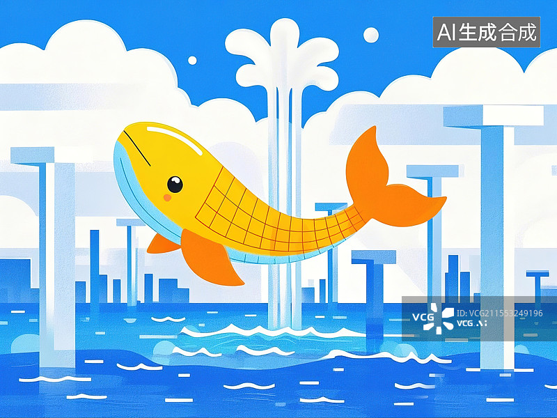 【AI数字艺术】抽象创意动物插画系列儿童识字卡艺术元素孟菲斯风格卡通鲸鱼平行四边形尾巴和立体主义喷水柱网格海洋背景图片素材