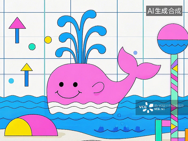 【AI数字艺术】抽象创意动物插画系列儿童识字卡艺术元素孟菲斯风格卡通鲸鱼平行四边形尾巴和立体主义喷水柱网格海洋背景图片素材